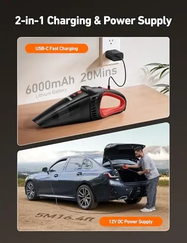 AstroAI Handheld Car Vacuum Cordless with Accessories, Portable Vacuum Cleaner with 12V DC Power, LED Light, Brush, Extended Suction Pipe, Hose, Mini Handheld for Car, Home, Office, and Pet Hair, Red - 4