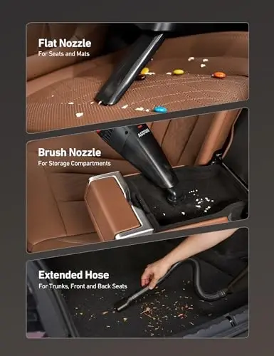 AstroAI Handheld Car Vacuum Cordless with Accessories, Portable Vacuum Cleaner with 12V DC Power, LED Light, Brush, Extended Suction Pipe, Hose, Mini Handheld for Car, Home, Office, and Pet Hair, Red - 6