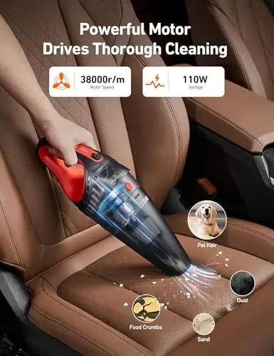 AstroAI Handheld Car Vacuum Cordless with Accessories, Portable Vacuum Cleaner with 12V DC Power, LED Light, Brush, Extended Suction Pipe, Hose, Mini Handheld for Car, Home, Office, and Pet Hair, Red - 2