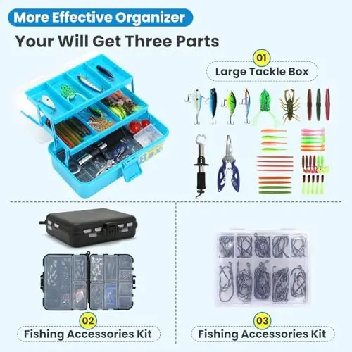 Pro 3-Layer FishingTackle Box Kit with Accessories Set,Including Saltwater and Freshwater Lures,Tools,Spacious Storage,All-in-One Bass Fishing Gear Set & Gift for Men(339pcs Fishing Tackle Box) - 2