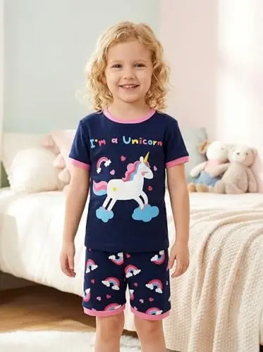 Akyzic Küçük Kız Çocuk Pijamaları %100 Pamuk Kısa Kollu Pijama Bebek Yazlık Uyku Giysileri Çocuk Giyim Seti 3t-10t 
