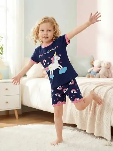 Akyzic Küçük Kız Çocuk Pijamaları %100 Pamuk Kısa Kollu Pijama Bebek Yazlık Uyku Giysileri Çocuk Giyim Seti 3t-10t - 2