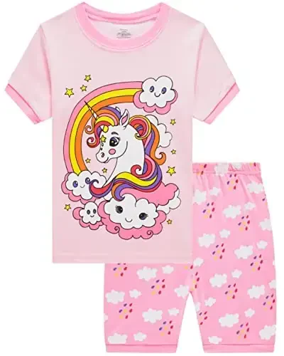 Akyzic Little Girls Pajamas 100% Cotton Short Sleeve Pjs Toddler Summer Sleepwear Kids Clothes Set 3t-10t 