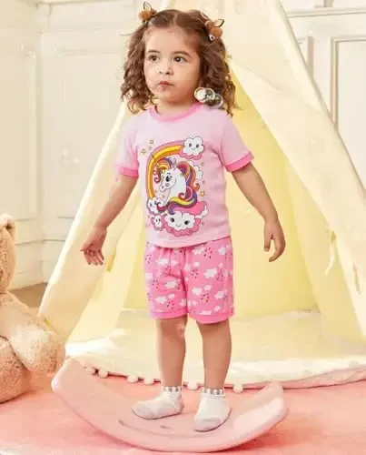 Akyzic Little Girls Pajamas 100% Cotton Short Sleeve Pjs Toddler Summer Sleepwear Kids Clothes Set 3t-10t - MODAZONE (1)