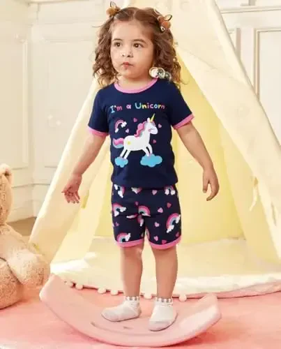 Akyzic Little Girls Pajamas 100% Cotton Short Sleeve Pjs Toddler Summer Sleepwear Kids Clothes Set 3t-10t - 2