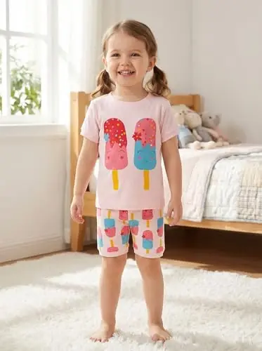 Akyzic Little Girls Pajamas 100% Cotton Short Sleeve Pjs Toddler Summer Sleepwear Kids Clothes Set 3t-10t 