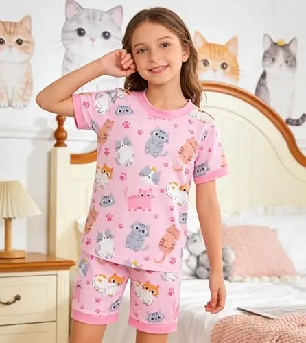 Akyzic Little Girls Pajamas 100% Cotton Short Sleeve Pjs Toddler Summer Sleepwear Kids Clothes Set 3t-10t - AKYZIC (1)