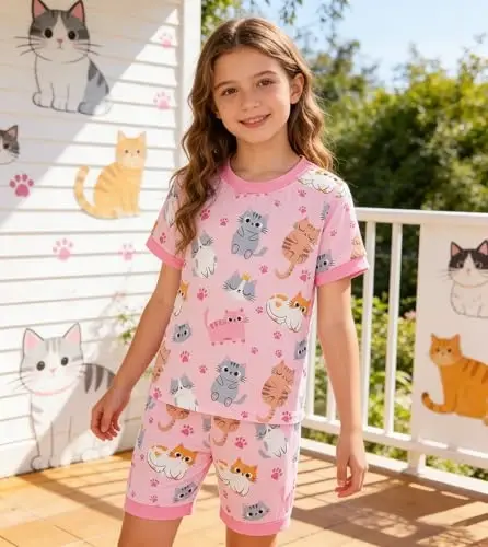 Akyzic Little Girls Pajamas 100% Cotton Short Sleeve Pjs Toddler Summer Sleepwear Kids Clothes Set 3t-10t - 3