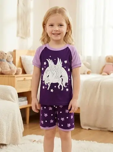 Akyzic Little Girls Pajamas 100% Cotton Short Sleeve Pjs Toddler Summer Sleepwear Kids Clothes Set 3t-10t - AKYZIC (1)