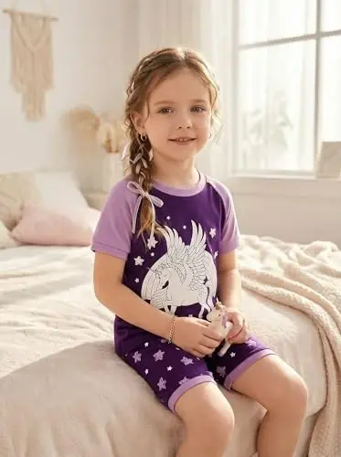 Akyzic Little Girls Pajamas 100% Cotton Short Sleeve Pjs Toddler Summer Sleepwear Kids Clothes Set 3t-10t - 4