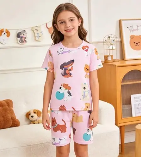 Akyzic Little Girls Pajamas 100% Cotton Short Sleeve Pjs Toddler Summer Sleepwear Kids Clothes Set 3t-10t - AKYZIC (1)