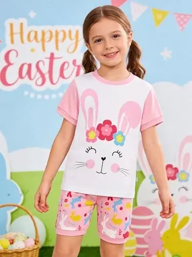 Akyzic Little Girls Pajamas 100% Cotton Short Sleeve Pjs Toddler Summer Sleepwear Kids Clothes Set 3t-10t - AKYZIC (1)