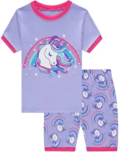 Akyzic Little Girls Pajamas 100% Cotton Short Sleeve Pjs Toddler Summer Sleepwear Kids Clothes Set 3t-10t 