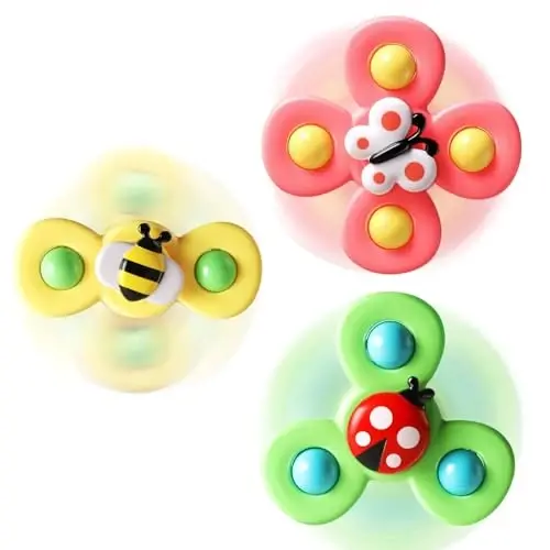 ALASOU 3PCS Suction Cup Spinner Toys for 1 2 Year Old Boy Girl Birthday Gift|Spinning Top Baby Bath Toy for Kids Ages 1-3|Sensory Airplane Travel Toy Easter Basket Stuffers for Toddlers Infant - 2