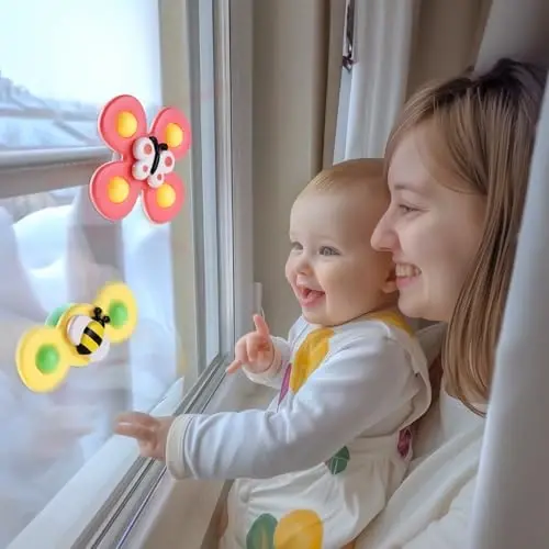 ALASOU 3PCS Suction Cup Spinner Toys for 1 2 Year Old Boy Girl Birthday Gift|Spinning Top Baby Bath Toy for Kids Ages 1-3|Sensory Airplane Travel Toy Easter Basket Stuffers for Toddlers Infant - 5