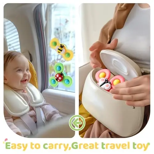 ALASOU 3PCS Suction Cup Spinner Toys for 1 2 Year Old Boy Girl Birthday Gift|Spinning Top Baby Bath Toy for Kids Ages 1-3|Sensory Airplane Travel Toy Easter Basket Stuffers for Toddlers Infant - 4