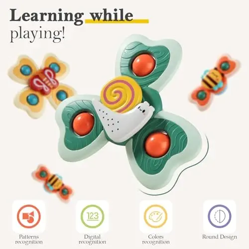 ALASOU 3PCS Suction Cup Spinner Toys for 1 2 Year Old Boy Girl Birthday Gift|Spinning Top Baby Bath Toy for Kids Ages 1-3|Sensory Airplane Travel Toy Easter Basket Stuffers for Toddlers Infant - 4