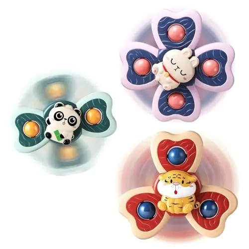 ALASOU 3PCS Suction Cup Spinner Toys for 1 2 Year Old Boy Girl Birthday Gift|Spinning Top Baby Bath Toy for Kids Ages 1-3|Sensory Airplane Travel Toy Easter Basket Stuffers for Toddlers Infant 