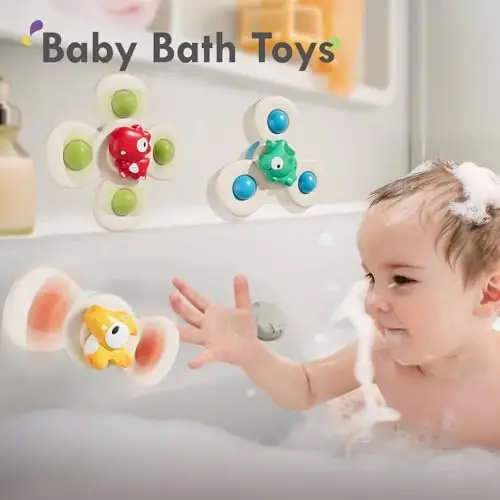 ALASOU 3PCS Suction Cup Spinner Toys for 1 Year Old Boy Girl|Spinning Top Infant Sensory Toys for Toddlers|1 2 Year Old Boy Christmas Birthday Gift|Baby Bath Toy Stocking Stuffers for Kids Ages 1-3 - 5