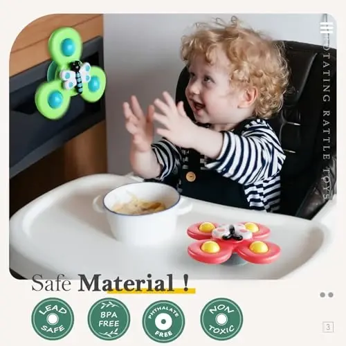 ALASOU 3PCS Suction Cup Spinner Toys for 1 Year Old Boy Girl|Spinning Top Infant Sensory Toys for Toddlers|1 2 Year Old Boy Christmas Birthday Gift|Baby Bath Toy Stocking Stuffers for Kids Ages 1-3 - 3