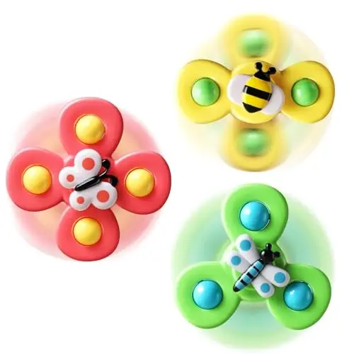 ALASOU 3PCS Suction Cup Spinner Toys for 1 2 Year Old Boy Girl Birthday Gift|Spinning Top Baby Bath Toy for Kids Ages 1-3|Sensory Airplane Travel Toy Easter Basket Stuffers for Toddlers Infant 