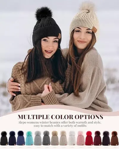 Alepo Ayollar Qishki Beanie Shapkasi, Issiq Jun Qoplamali Trikotaj Yumshoq Ski Manjet Qalpog'i Pom Pom bilan - 6