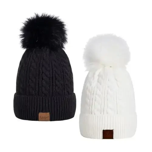 Alepo Ayollar Qishki Beanie Shapkasi, Issiq Jun Qoplamali Trikotaj Yumshoq Ski Manjet Qalpog'i Pom Pom bilan - ALEPO