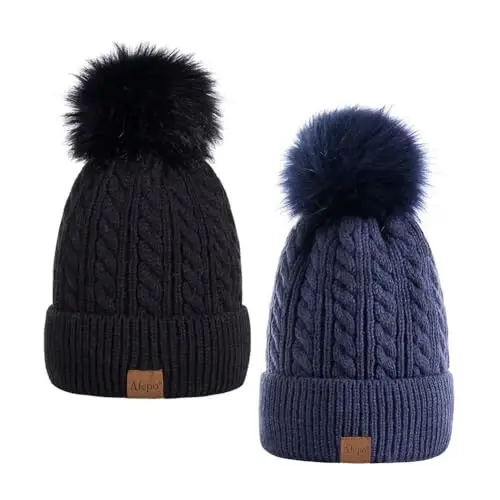 Alepo Ayollar Qishki Beanie Shapkasi, Issiq Jundan Qoplangan Trikotaj Yumshoq Chang'i Mansheti Pom Pom bilan - ALEPO