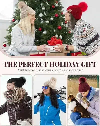 Alepo Ayollar Qishki Shapka, Iliq Fleece Astarli Trikotaj Yumshoq Ski Manjetli Qalpog'i Pom Pom bilan - 7