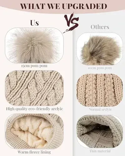 Alepo Ayollar Qishki Shapka, Issiq Jun Qoplamali Trikotaj Yumshoq Ski Mansheti Pompon bilan - 2