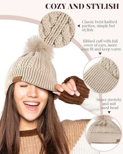Alepo ayollar qishki shapkasi, iliq jun bilan qoplangan trikotaj yumshoq chang'i manjeti pompon bilan - 4