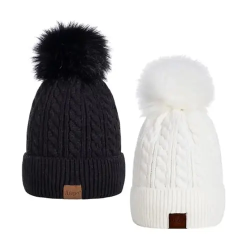 Alepo Womens Winter Beanie Hat, Warm Fleece Lined Knitted Soft Ski Cuff Cap with Pom Pom 