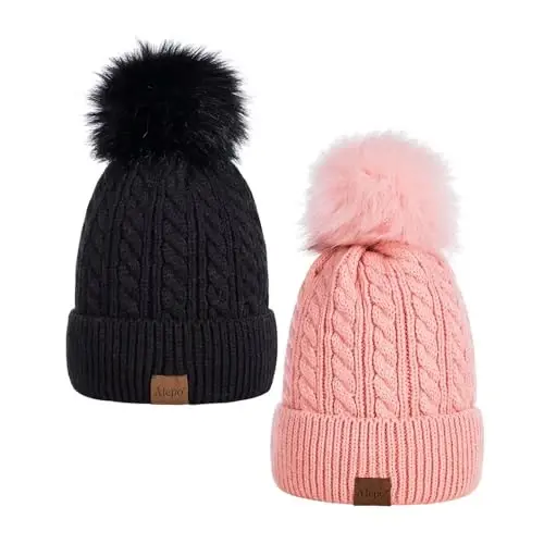 Alepo Womens Winter Beanie Hat, Warm Fleece Lined Knitted Soft Ski Cuff Cap with Pom Pom - 1