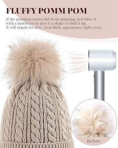 Alepo Women's Winter Beanie Hat, Warm Fleece Lined Knitted Soft Ski Cuff Cap with Pom Pom - 5