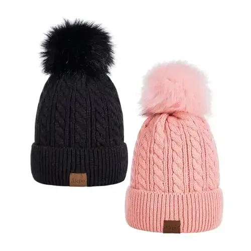 Alepo Womens Winter Beanie Hat, Warm Fleece Lined Knitted Soft Ski Cuff Cap with Pom Pom - ALEPO