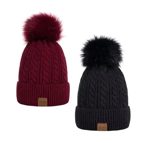 Alepo Womens Winter Beanie Hat, Warm Fleece Lined Knitted Soft Ski Cuff Cap with Pom Pom 