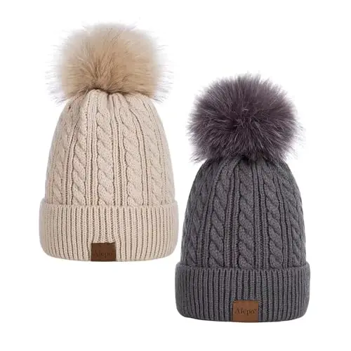 Alepo Womens Winter Beanie Hat, Warm Fleece Lined Knitted Soft Ski Cuff Cap with Pom Pom 