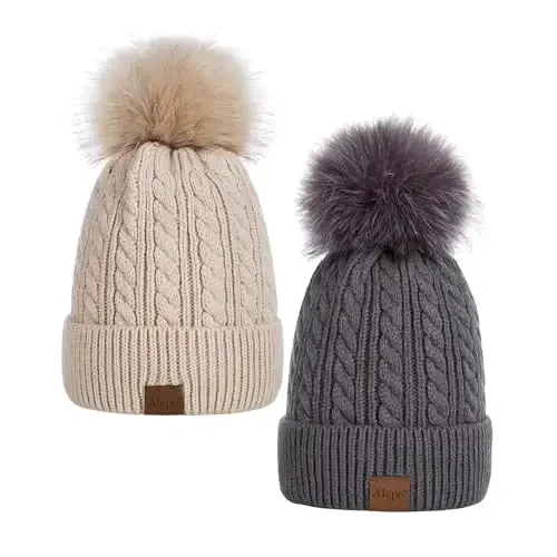 Alepo Womens Winter Beanie Hat, Warm Fleece Lined Knitted Soft Ski Cuff Cap with Pom Pom 