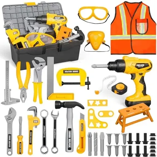 Zealous 48pcs Kids Tool Set with Tool Box & Electronic Toy Drill, Pretend Play Construction Kits for Kids Ages 3-5 Years Old, Toddler Boy Toys - ZEALOUS