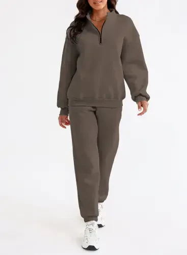 Aleumdr Women's Brown Long Sleeve Pullover Long Sweatpants, 2-Piece Outfit, Size XL - 3