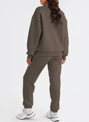 Aleumdr Women's Brown Long Sleeve Pullover Long Sweatpants, 2-Piece Outfit, Size XL - 4