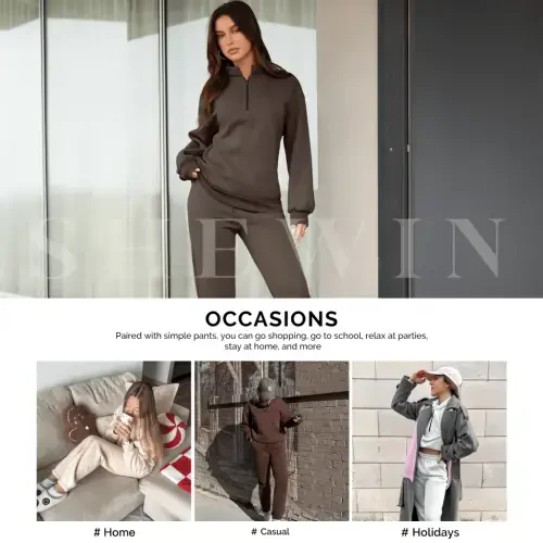 Aleumdr Women's Brown Long Sleeve Pullover Long Sweatpants, 2-Piece Outfit, Size XL - 5