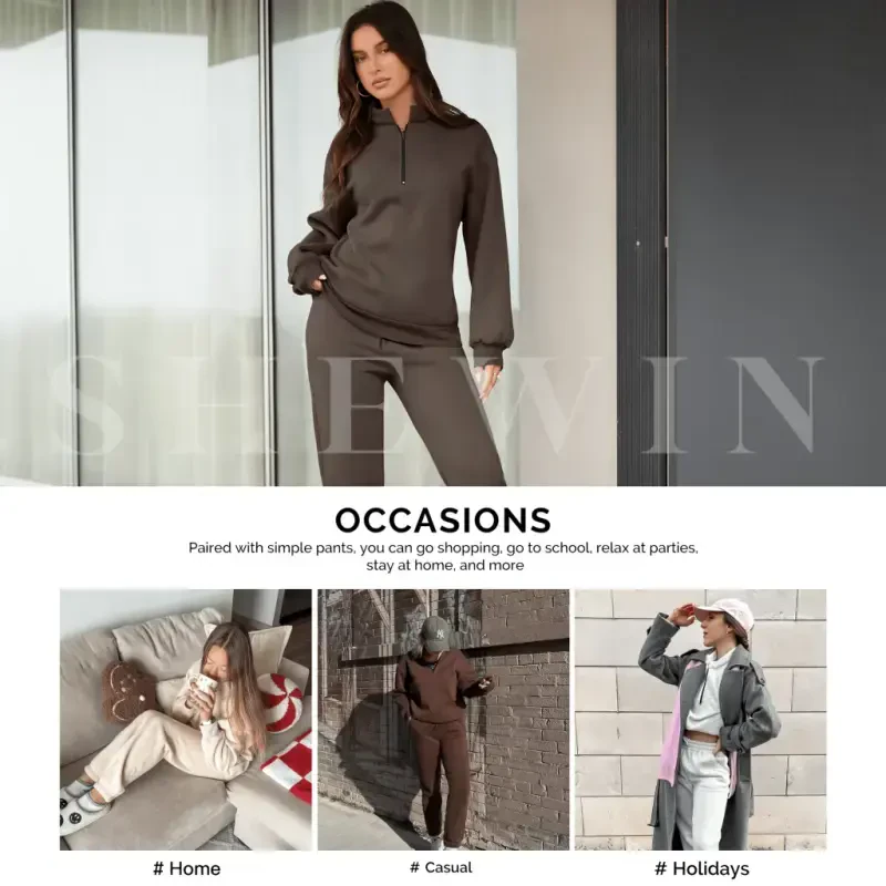 Aleumdr Women's Brown Long Sleeve Pullover Long Sweatpants, 2-Piece Outfit, Size XL - 5