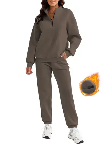 Aleumdr Women's Brown Long Sleeve Pullover Long Sweatpants, 2-Piece Outfit, Size XL - 8