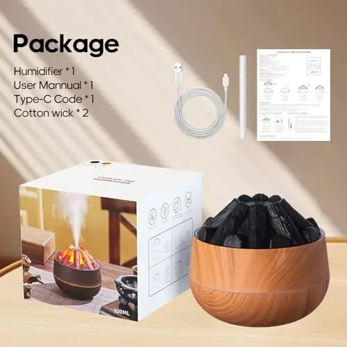 Flame Essential Diffuser Bonfire Humidifier 300ml Ultra-Quiet Auto-Off Aromatherapy Diffuser Campfire Flame Fire Diffuser for Home, Office or Gym - Wood Grain - 6
