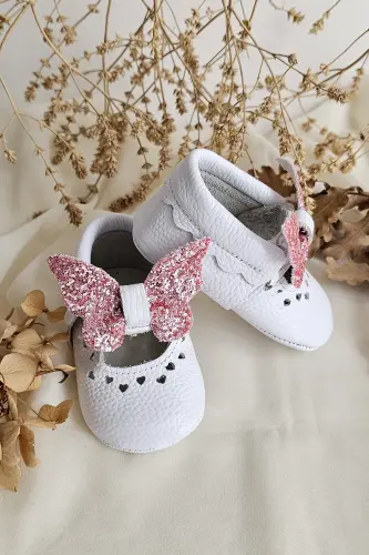 Alice Beyaz Pembe Hakiki Deri Bebek Mokasen - Beyaz-Kelebek Pembe - 4