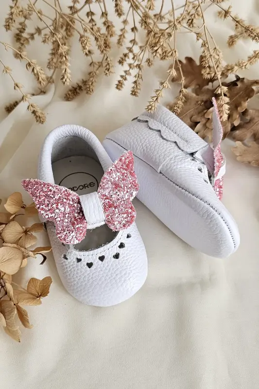 Alice Beyaz Pembe Hakiki Deri Bebek Mokasen - Beyaz-Kelebek Pembe - 5