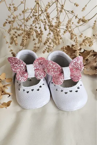 Alice Beyaz Pembe Hakiki Deri Bebek Mokasen - Beyaz-Kelebek Pembe - Hodore (1)