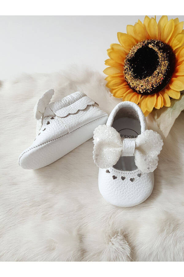 Alice Genuine Leather White Baby Moccasins with Stones - 1