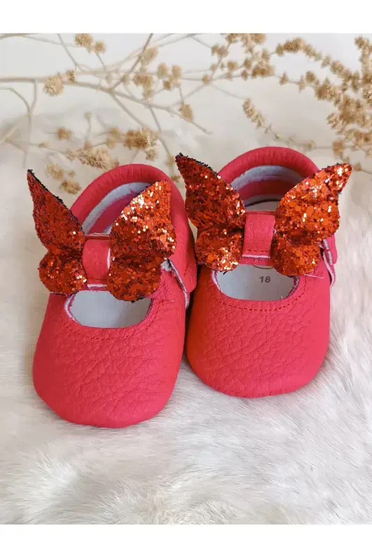 Alice Kelebek Taşlı Kırmızı Hakiki Deri Bebek Mokasen-Kırmızı Kelebek - 2